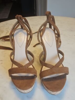 GUESS Tan Suede Lace-Up Platform Heels